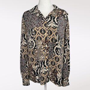 Alfred Dunner Print Button Front Long Sleeve Blouse Black Tan Medium